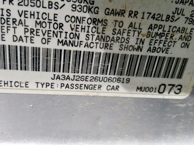 JA3AJ26E26U060619 - 2006 MITSUBISHI LANCER ES SILVER photo 10