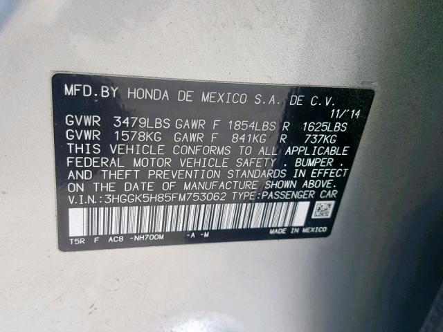 3HGGK5H85FM753062 - 2015 HONDA FIT EX SILVER photo 10