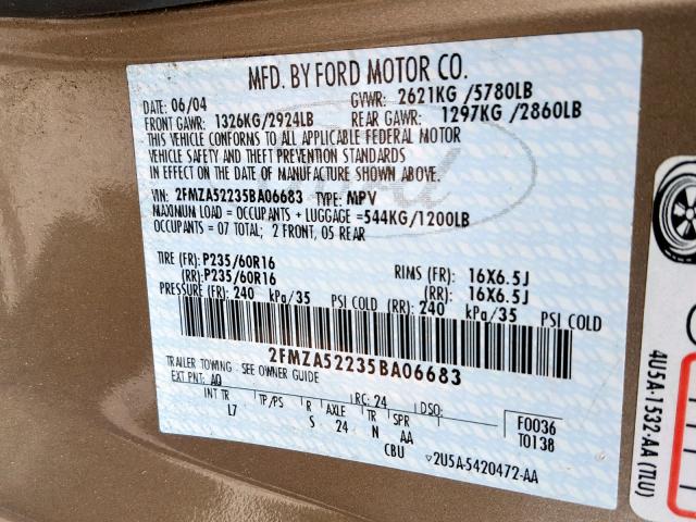 2FMZA52235BA06683 - 2005 FORD FREESTAR S BEIGE photo 10