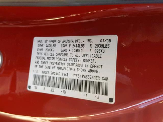 1HGCS12858A011941 - 2008 HONDA ACCORD EXL RED photo 10