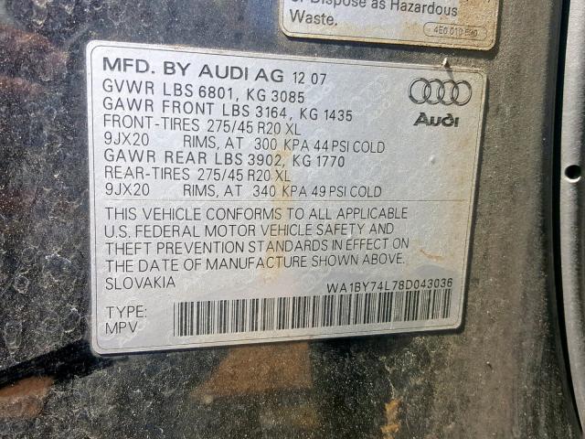 WA1BY74L78D043036 - 2008 AUDI Q7 3.6 QUA GRAY photo 10