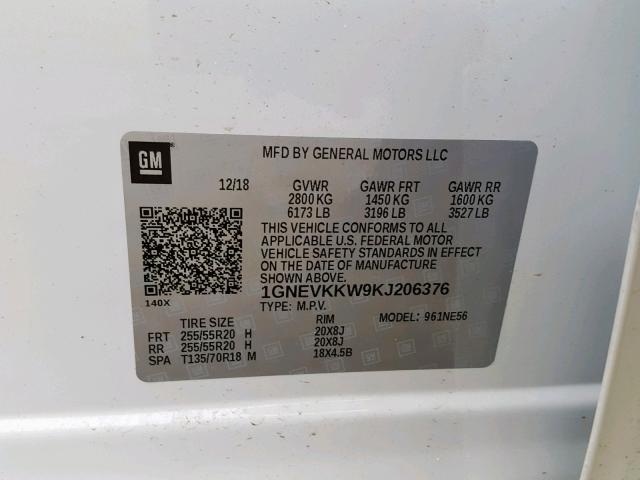 1GNEVKKW9KJ206376 - 2019 CHEVROLET TRAVERSE P WHITE photo 10