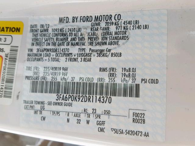 3FA6P0K92DR114370 - 2013 FORD FUSION TIT WHITE photo 10