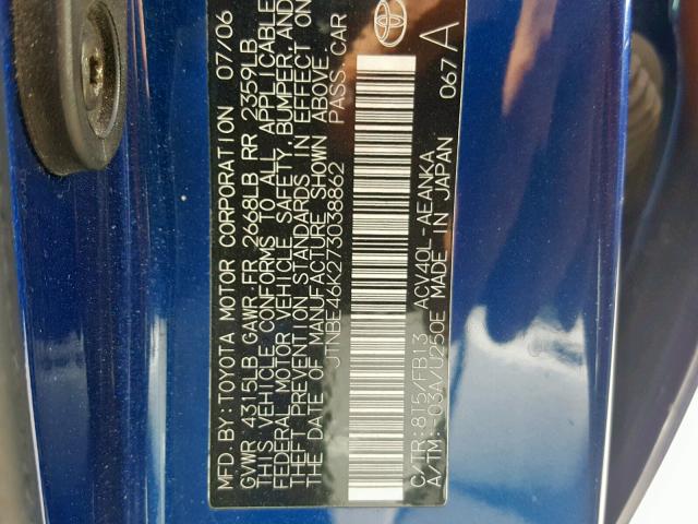 JTNBE46K273038862 - 2007 TOYOTA CAMRY NEW BLUE photo 10