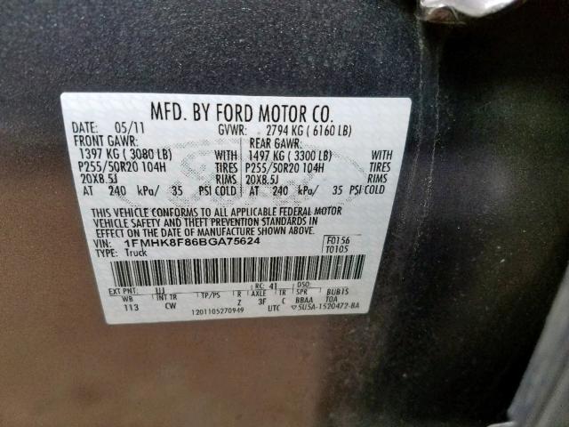 1FMHK8F86BGA75624 - 2011 FORD EXPLORER L GRAY photo 10