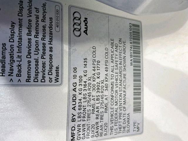 WA1BY74L87D051063 - 2007 AUDI Q7 3.6 QUA SILVER photo 10