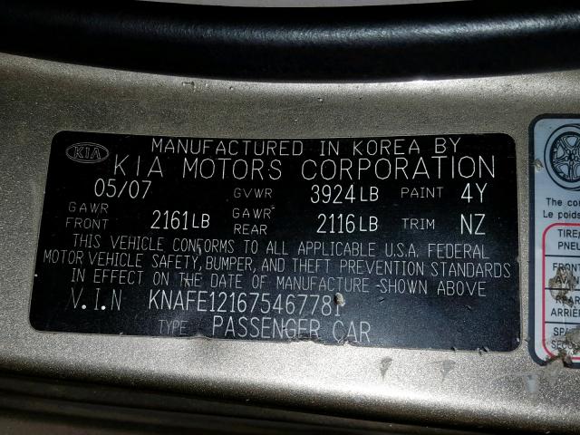 KNAFE121675467781 - 2007 KIA SPECTRA EX BEIGE photo 10