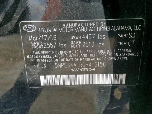 5NPE34AF5GH415156 - 2016 HYUNDAI SONATA SPO BLACK photo 10