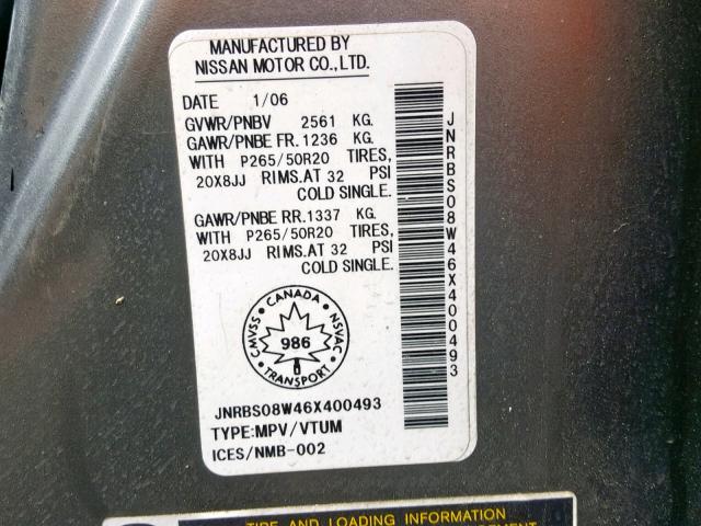 JNRBS08W46X400493 - 2006 INFINITI FX45 GRAY photo 10