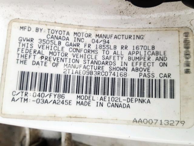 2T1AE09B3RC074168 - 1994 TOYOTA COROLLA LE WHITE photo 10