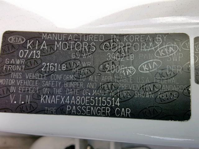 KNAFX4A80E5115514 - 2014 KIA FORTE EX WHITE photo 10