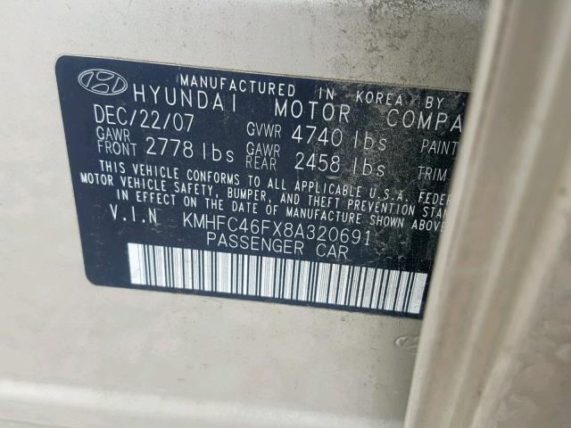 KMHFC46FX8A320691 - 2008 HYUNDAI AZERA SE BEIGE photo 10