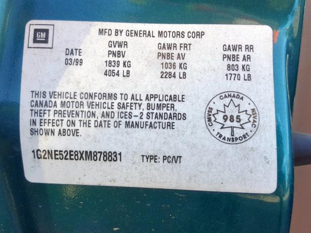 1G2NE52E8XM878831 - 1999 PONTIAC GRAND AM S GREEN photo 10