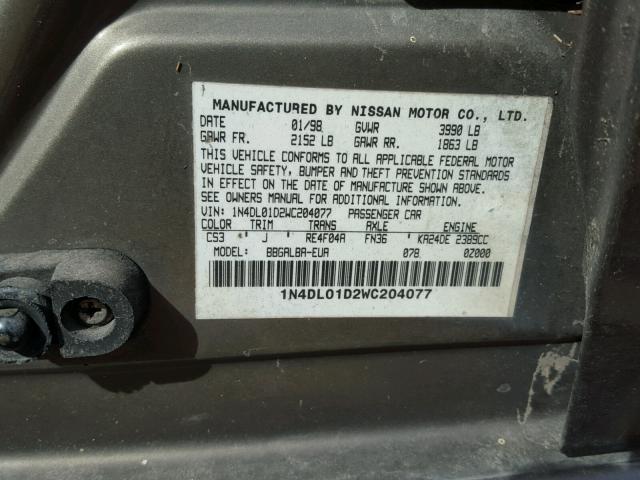 1N4DL01D2WC204077 - 1998 NISSAN ALTIMA XE BEIGE photo 10