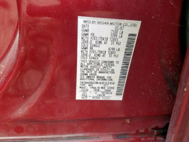 5N1BA08D28N603166 - 2008 NISSAN ARMADA SE MAROON photo 10