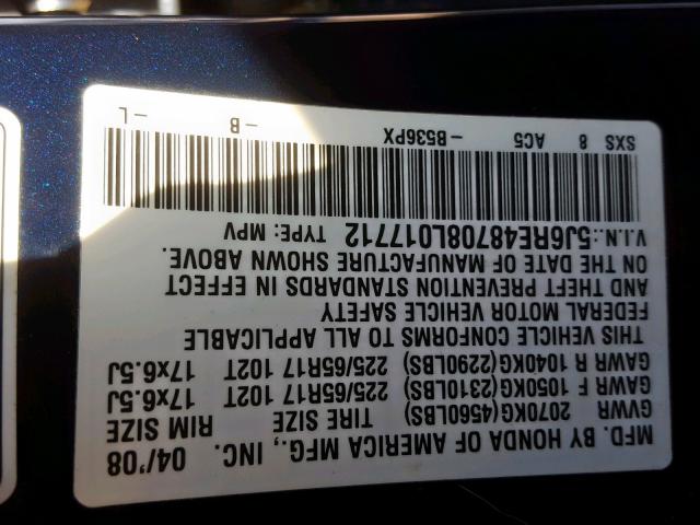 5J6RE48708L017712 - 2008 HONDA CR-V EXL BLUE photo 10