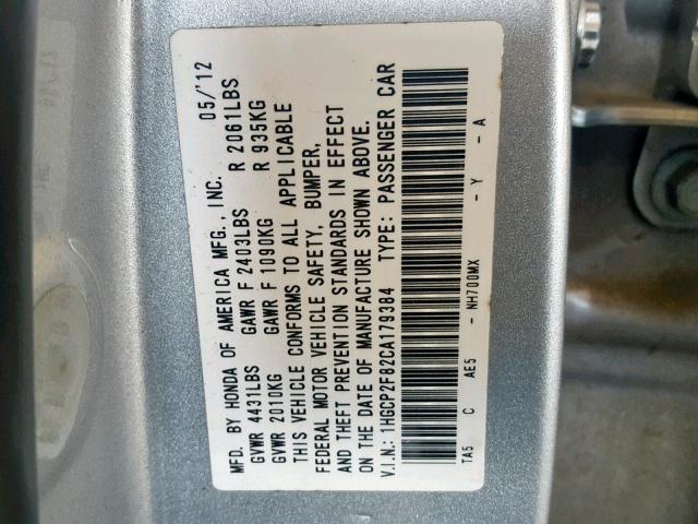 1HGCP2F82CA179384 - 2012 HONDA ACCORD EXL SILVER photo 10