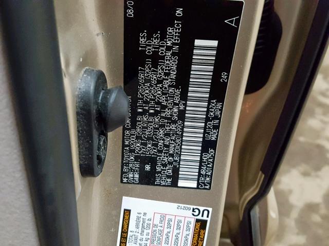 JTJBT20X580149909 - 2008 LEXUS GX 470 TAN photo 10