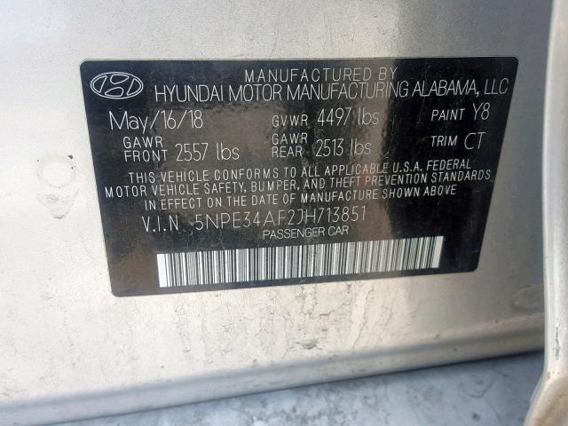 5NPE34AF2JH713851 - 2018 HYUNDAI SONATA SPO SILVER photo 10