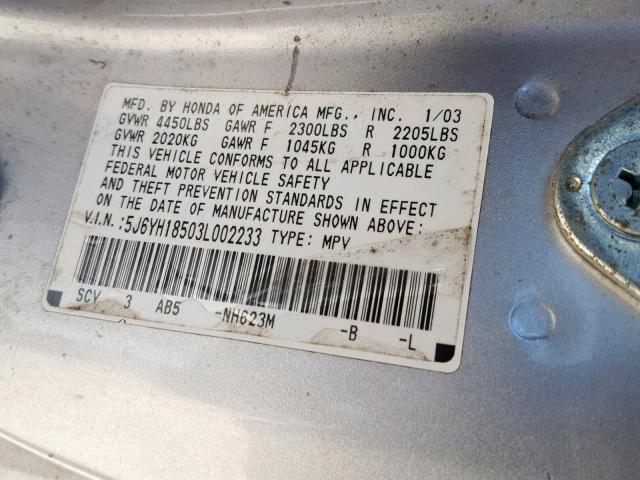 5J6YH18503L002233 - 2003 HONDA ELEMENT EX SILVER photo 10