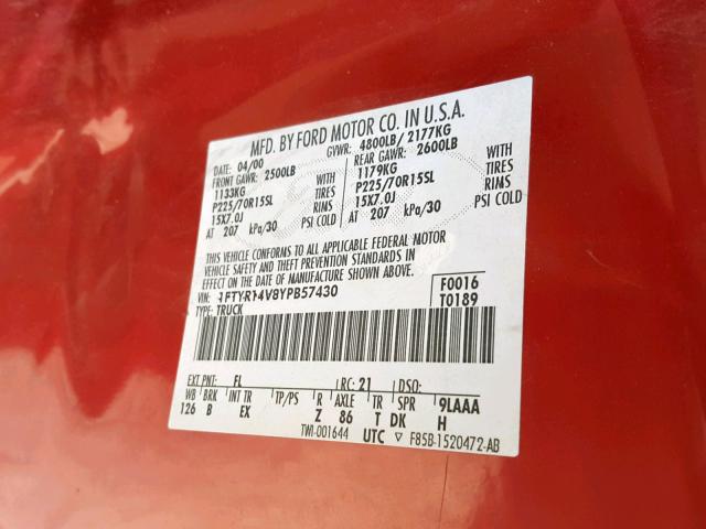 1FTYR14V8YPB57430 - 2000 FORD RANGER SUP RED photo 10