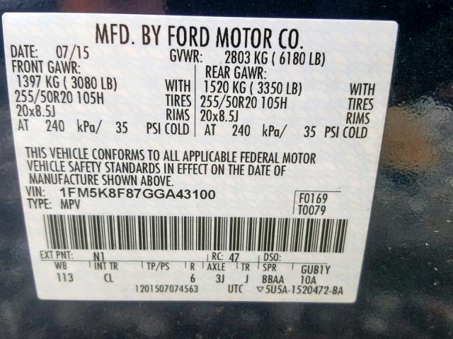 1FM5K8F87GGA43100 - 2016 FORD EXPLORER L BLUE photo 10