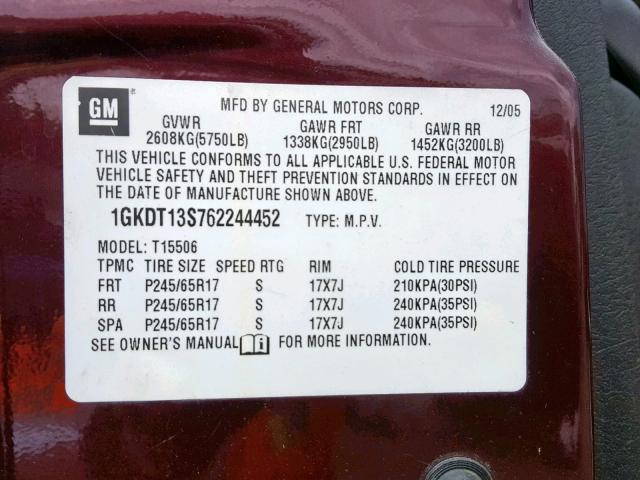 1GKDT13S762244452 - 2006 GMC ENVOY RED photo 10