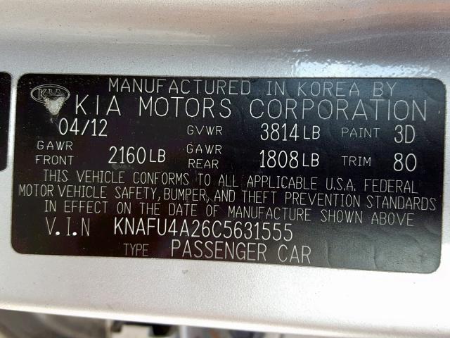 KNAFU4A26C5631555 - 2012 KIA FORTE EX SILVER photo 10