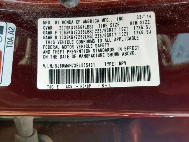 5J6RM4H7XEL055401 - 2014 HONDA CR-V EXL MAROON photo 10