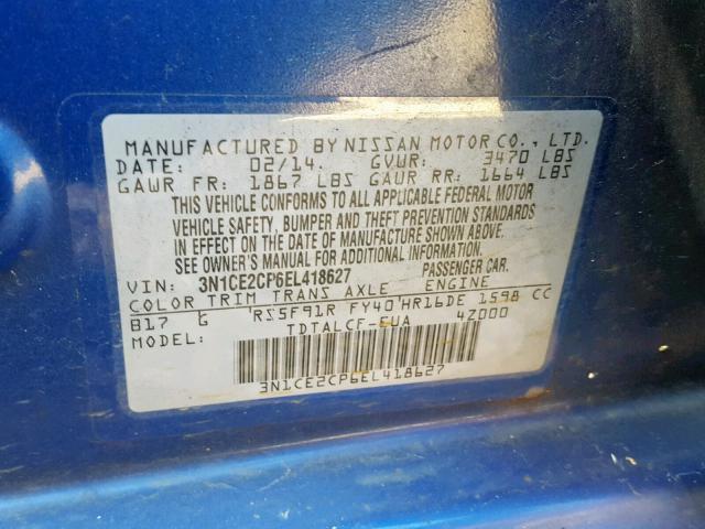 3N1CE2CP6EL418627 - 2014 NISSAN VERSA NOTE BLUE photo 10