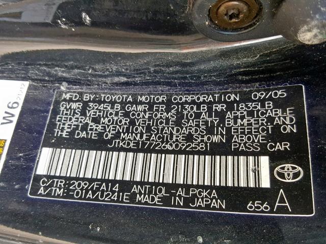 JTKDE177260092581 - 2006 TOYOTA SCION TC BLACK photo 10