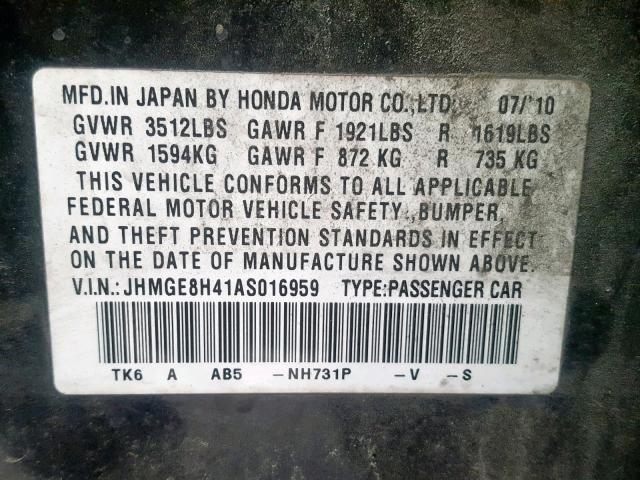 JHMGE8H41AS016959 - 2010 HONDA FIT SPORT BLACK photo 10