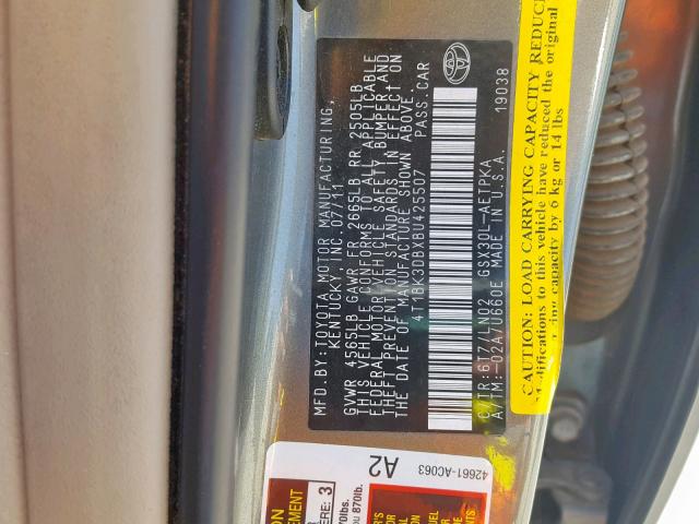 4T1BK3DBXBU425507 - 2011 TOYOTA AVALON BAS GRAY photo 10