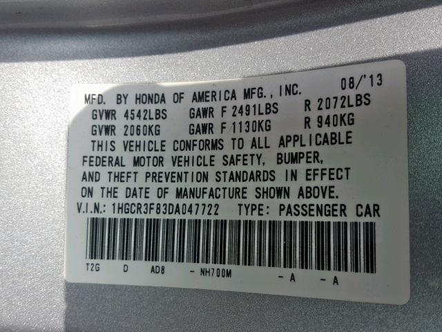 1HGCR3F83DA047722 - 2013 HONDA ACCORD EXL SILVER photo 10