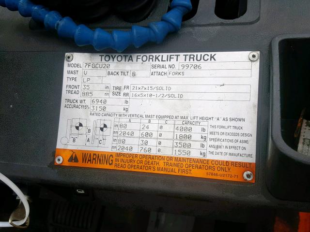 99706 - 2007 TOYOTA FORKLIFT ORANGE photo 10