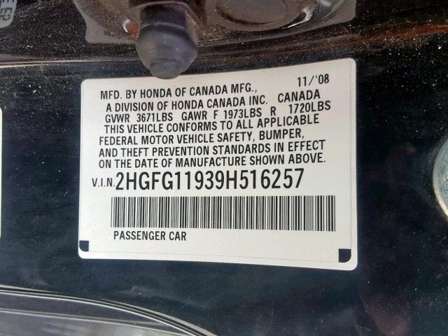 2HGFG11939H516257 - 2009 HONDA CIVIC EXL BLACK photo 10