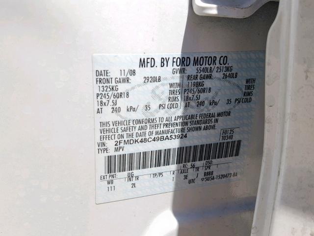 2FMDK48C49BA53924 - 2009 FORD EDGE SEL WHITE photo 10