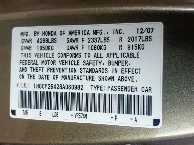 1HGCP26428A060982 - 2008 HONDA ACCORD LXP TAN photo 10