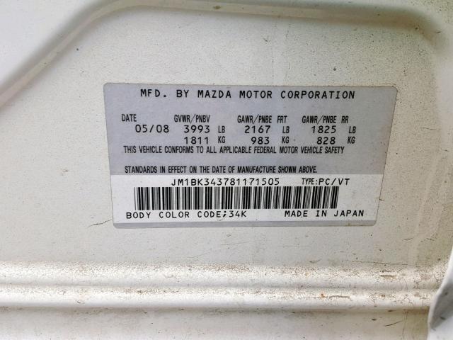 JM1BK343781171505 - 2008 MAZDA 3 HATCHBAC WHITE photo 10