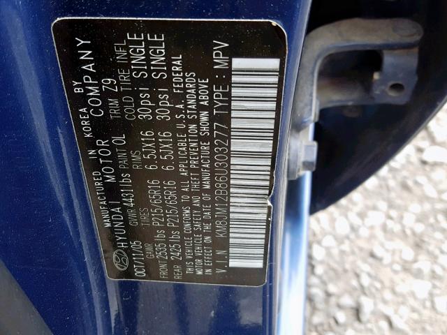 KM8JM12B86U303277 - 2006 HYUNDAI TUCSON GL BLUE photo 10