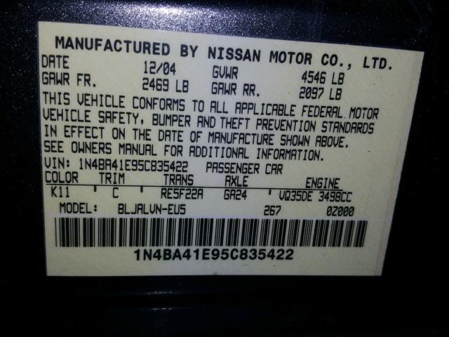 1N4BA41E95C835422 - 2005 NISSAN MAXIMA SE BLUE photo 10