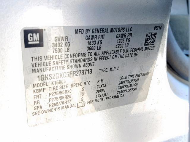 1GKS2GKC5FR278713 - 2015 GMC YUKON XL K SILVER photo 10