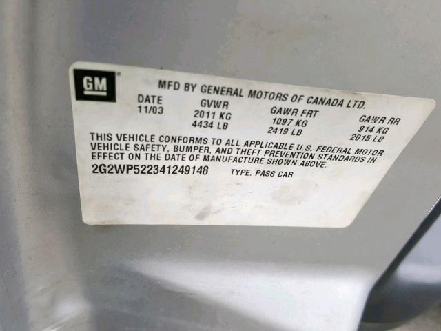 2G2WP522341249148 - 2004 PONTIAC GRAND PRIX SILVER photo 10