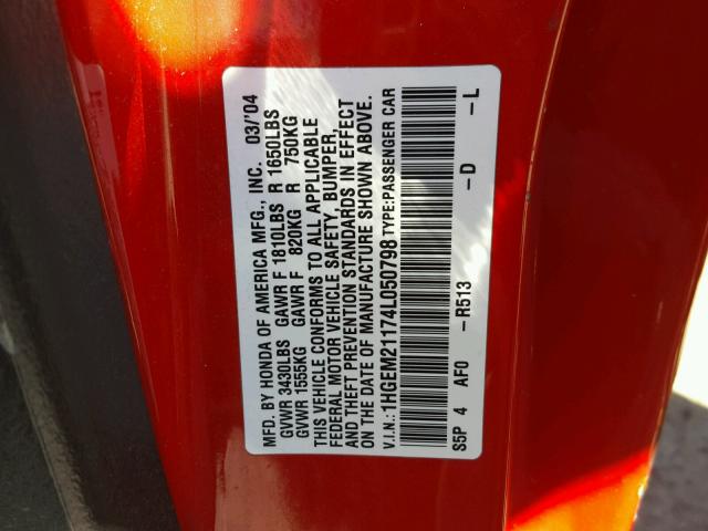 1HGEM21174L050798 - 2004 HONDA CIVIC DX V RED photo 10