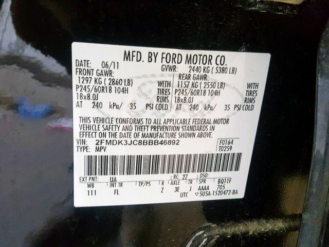 2FMDK3JC8BBB46892 - 2011 FORD EDGE SEL BLACK photo 10