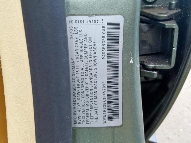 WVWTH63BX3P457898 - 2003 VOLKSWAGEN PASSAT GLX 绿色 照片 10