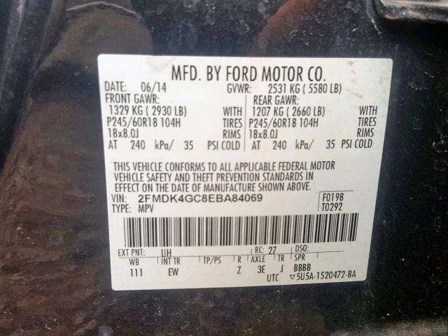 2FMDK4GC8EBA84069 - 2014 FORD EDGE SE BLACK photo 10