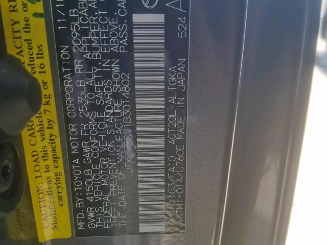 JTKJF5C71B3014802 - 2011 TOYOTA SCION TC გრაფიტი ფოტო 10