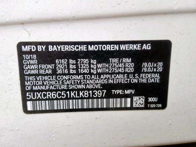 5UXCR6C51KLK81397 - 2019 BMW X5 XDRIVE4 WHITE photo 10