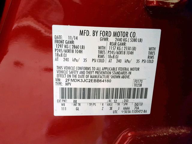 2FMDK3JC2EBB64180 - 2014 FORD EDGE SEL RED photo 10